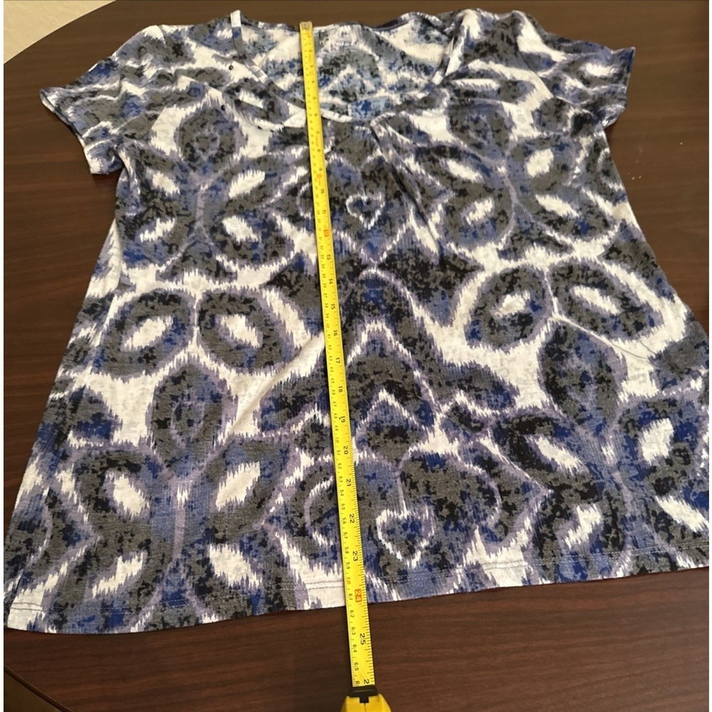 New Directions Weekend Womens Blue Grey Ikat Print V-Neck Short Sleeve Top Large